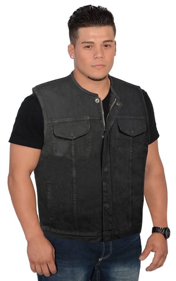 Men's Collarless Black Denim Club Style Vest with Dual Closure