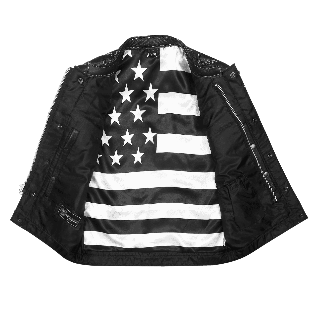 Men's Zipper and Snap Closure Leather Club Vest with American Flag Liner White Stitching