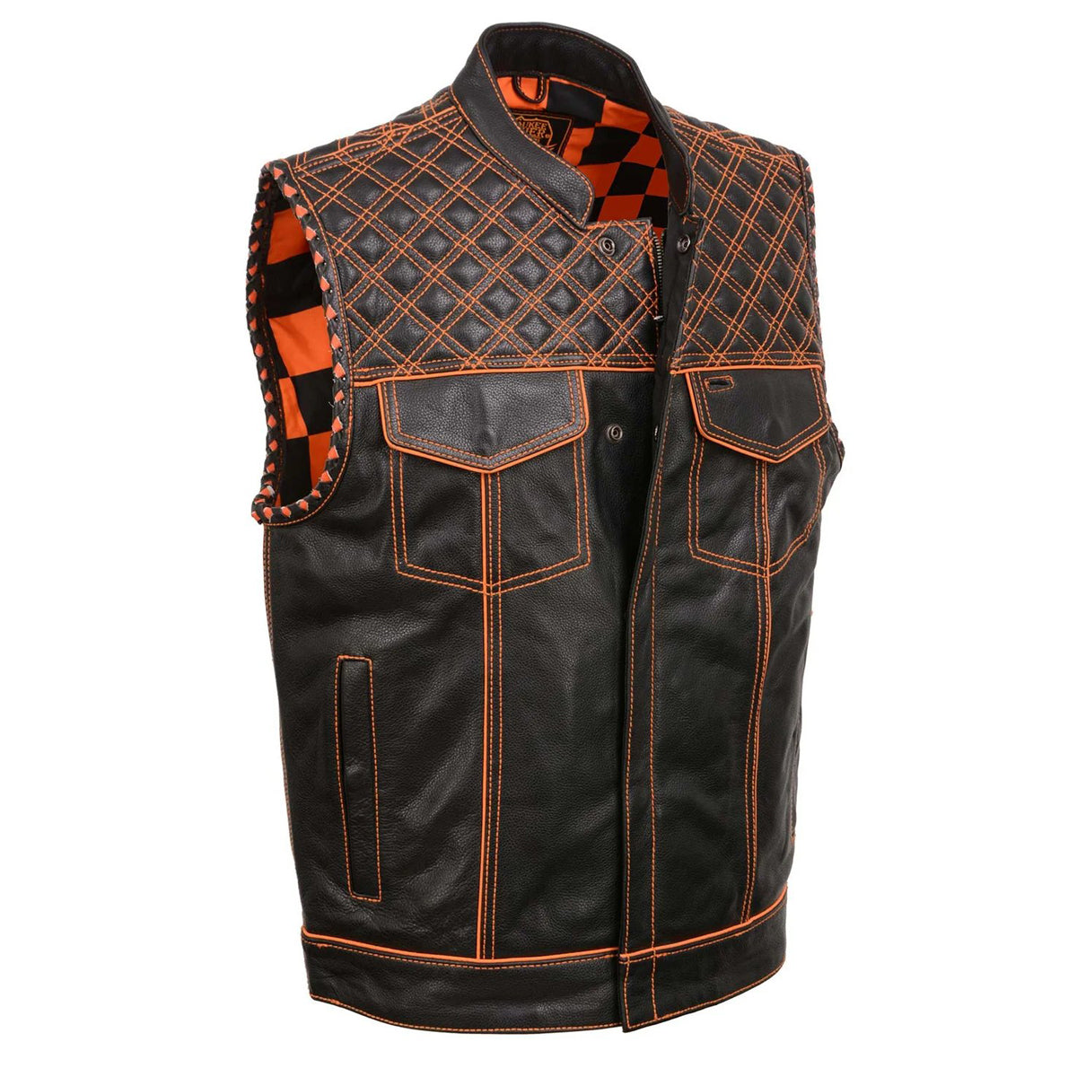 Men's Black 'Checkered Flag' Accented Orange Stitching Leather Vest – W/ Armhole Trim