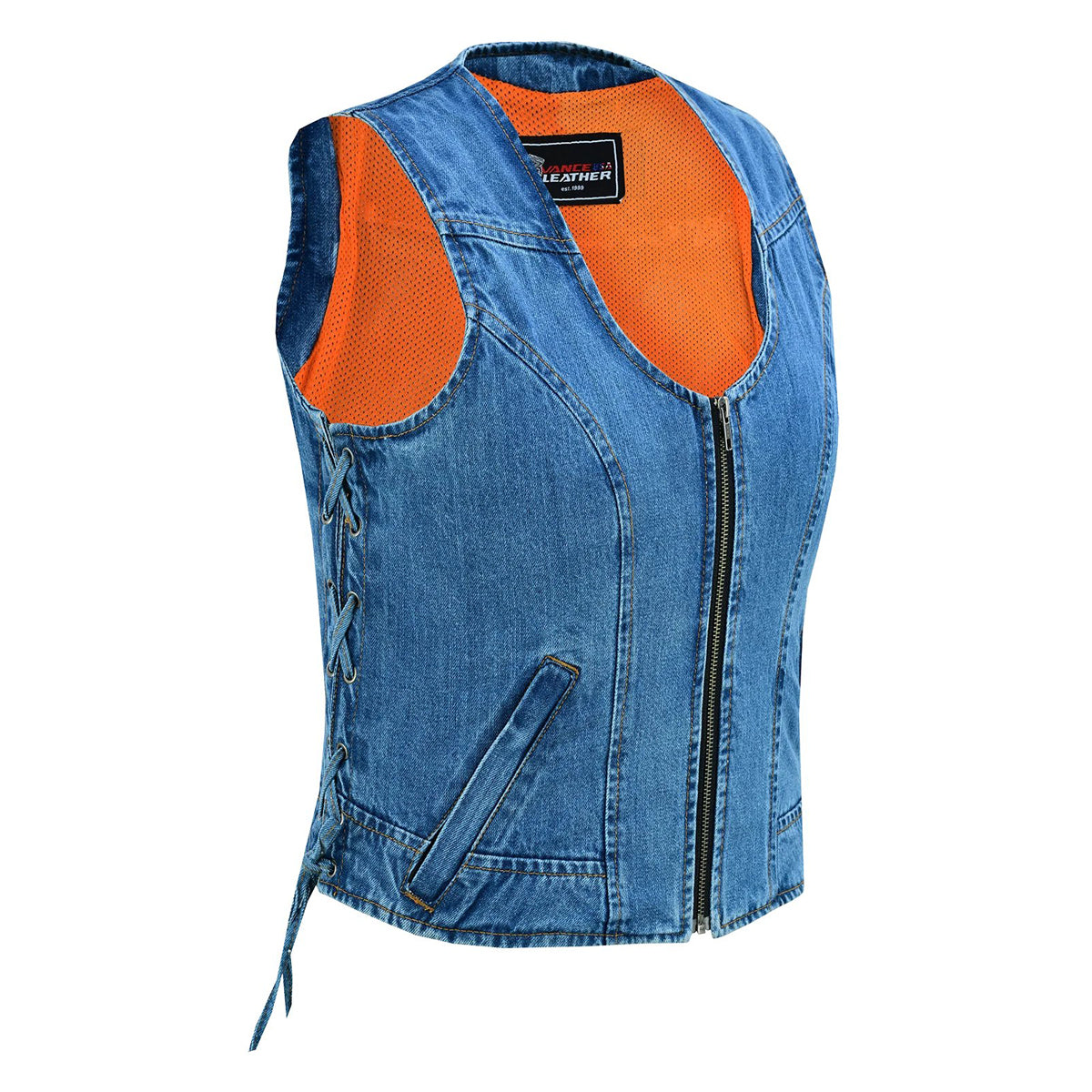 Women's Blue Denim V Neck Vest with Zipper & side laces