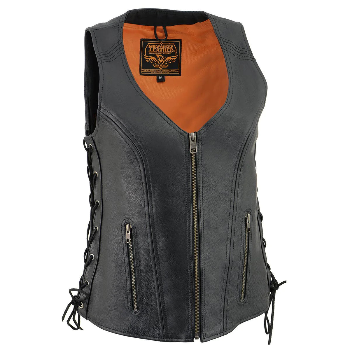 Women's Black 'Open Neck’ Motorcycle Leather Vest with Side Laces