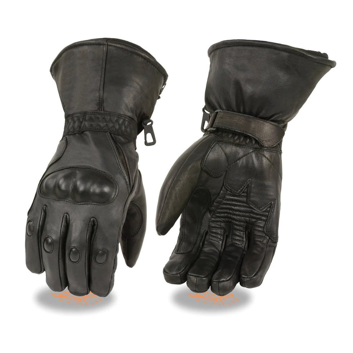 Men's Black Leather Waterproof Gauntlet Gloves with Hard Knuckles