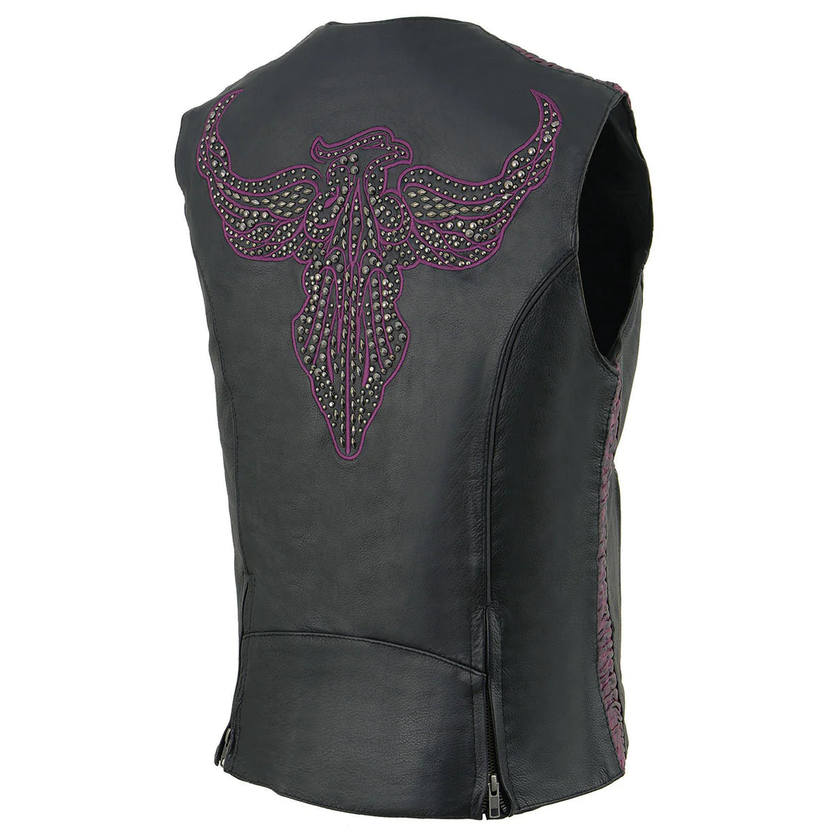 Ladies Black and Purple 'Studded Phoenix' Leather Vest