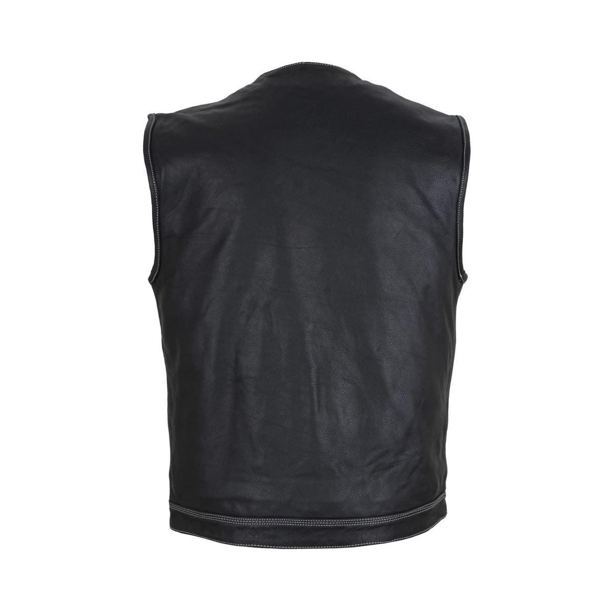 Mens Premium Naked Leather Motorcycle Club Vest Double White Thread Zipper Front No Col