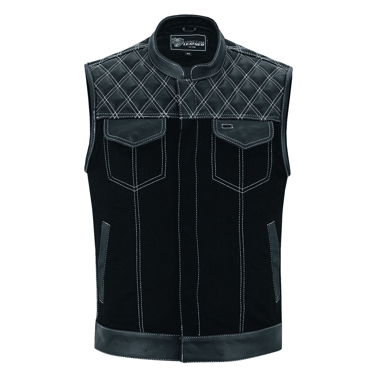 Men's Denim & Leather Motorcycle Vest with Conceal Carry Pockets, SOA Biker Club Vest White Stitching, Diamond Padding, Snap & Zipper Closure