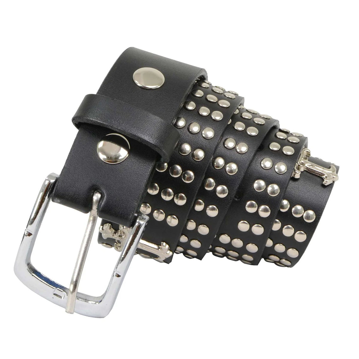 Men's Cross and Stud Black Genuine Leather Biker Belt with Interchangeable Buckle