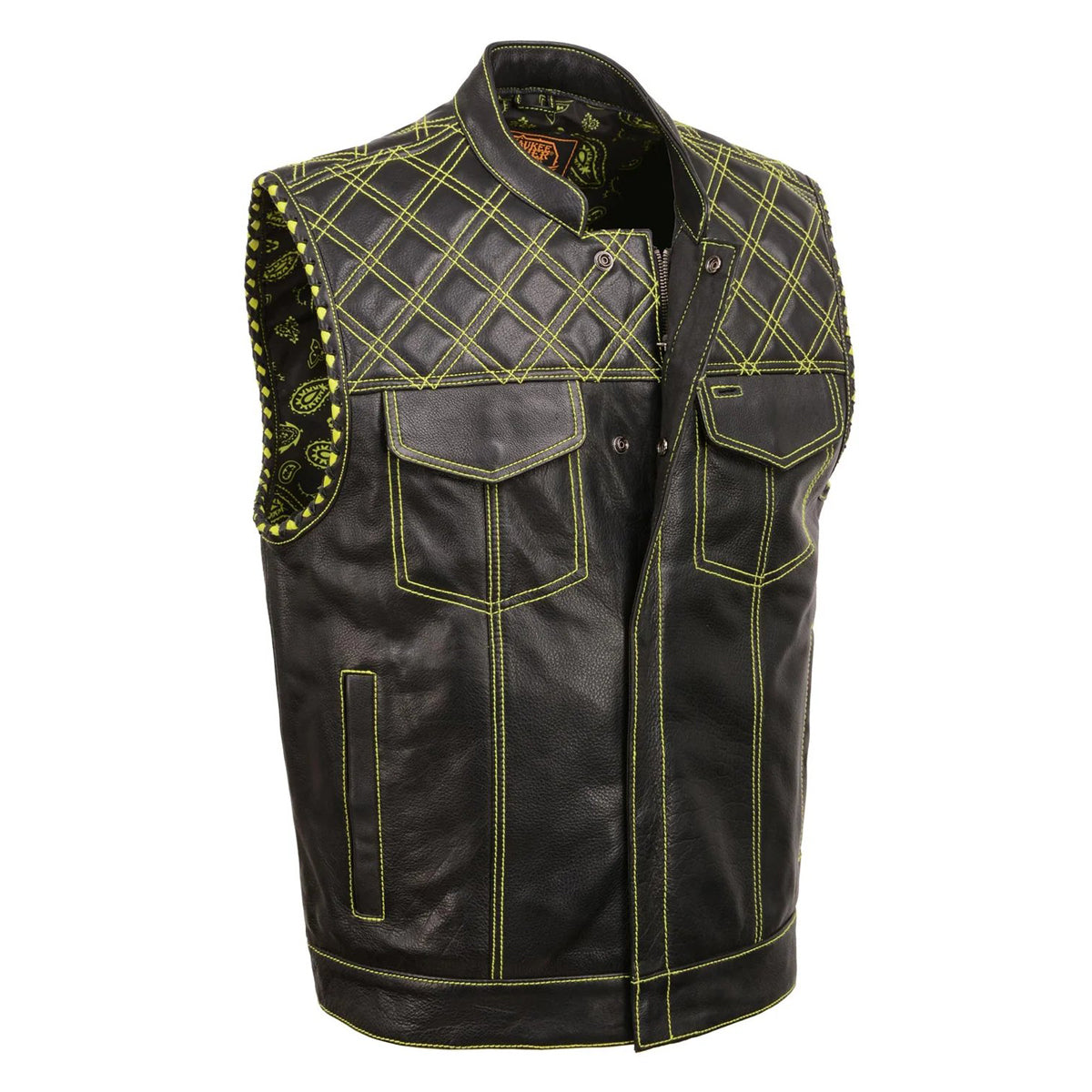 Men's Black 'Paisley' Accented Neon Green Stitching Leather Vest w/Armhole Trim