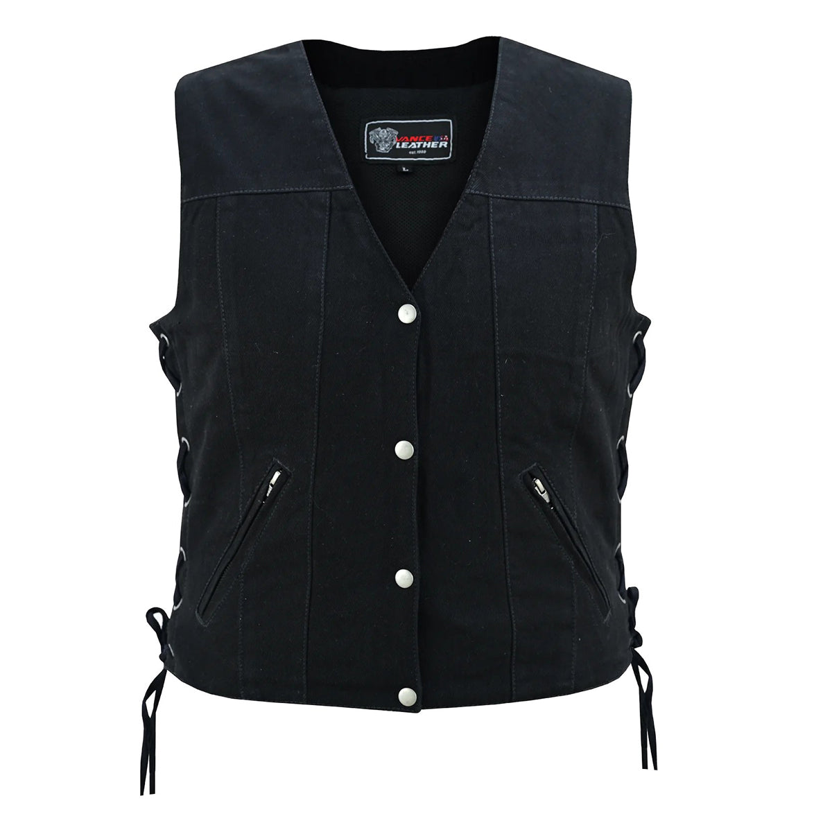 Women's Black Denim V Neck Vest with Snap opening & side laces