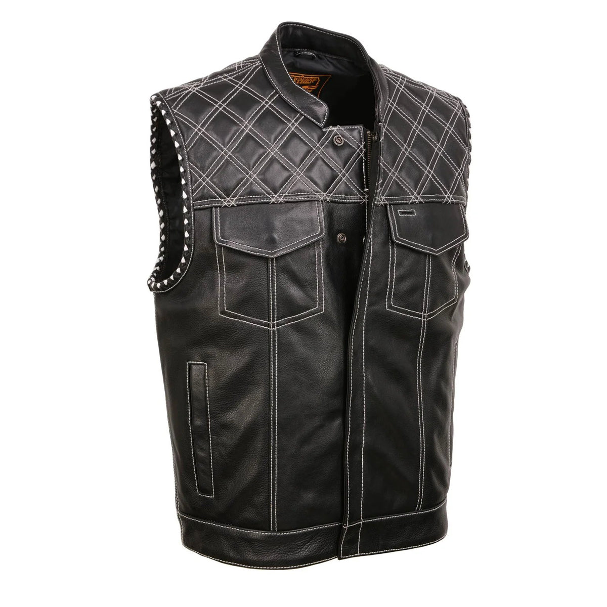 Men's Black 'Paisley' Accented White Stitching Leather Vest – w/Armhole Trim Open Collar Design