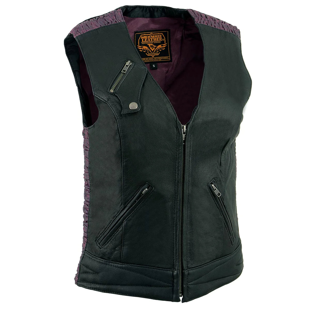 Ladies 'Crinkled' Black and Purple Lightweight Leather Vest