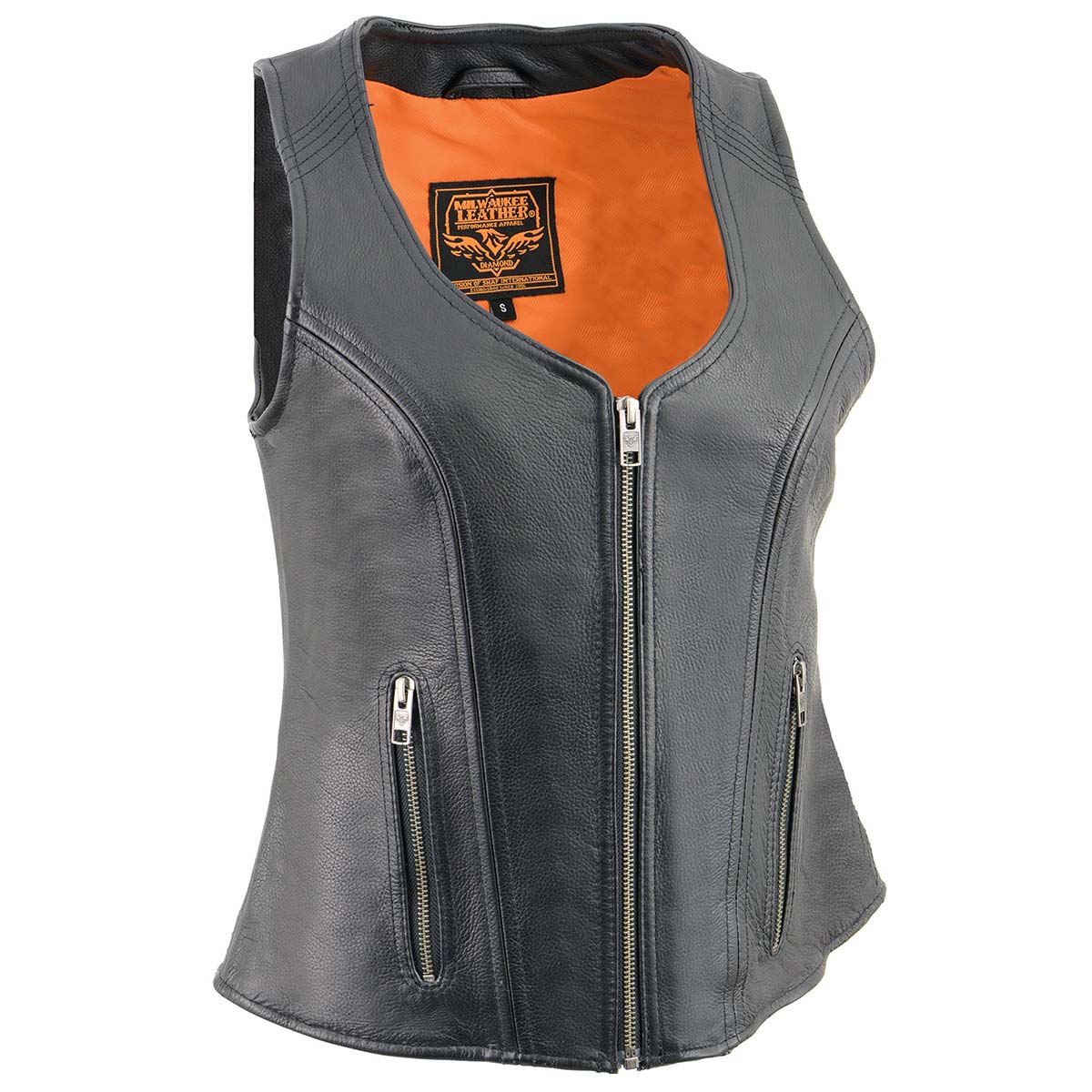 Women's Open Neck Front Zipper Black Leather Vest