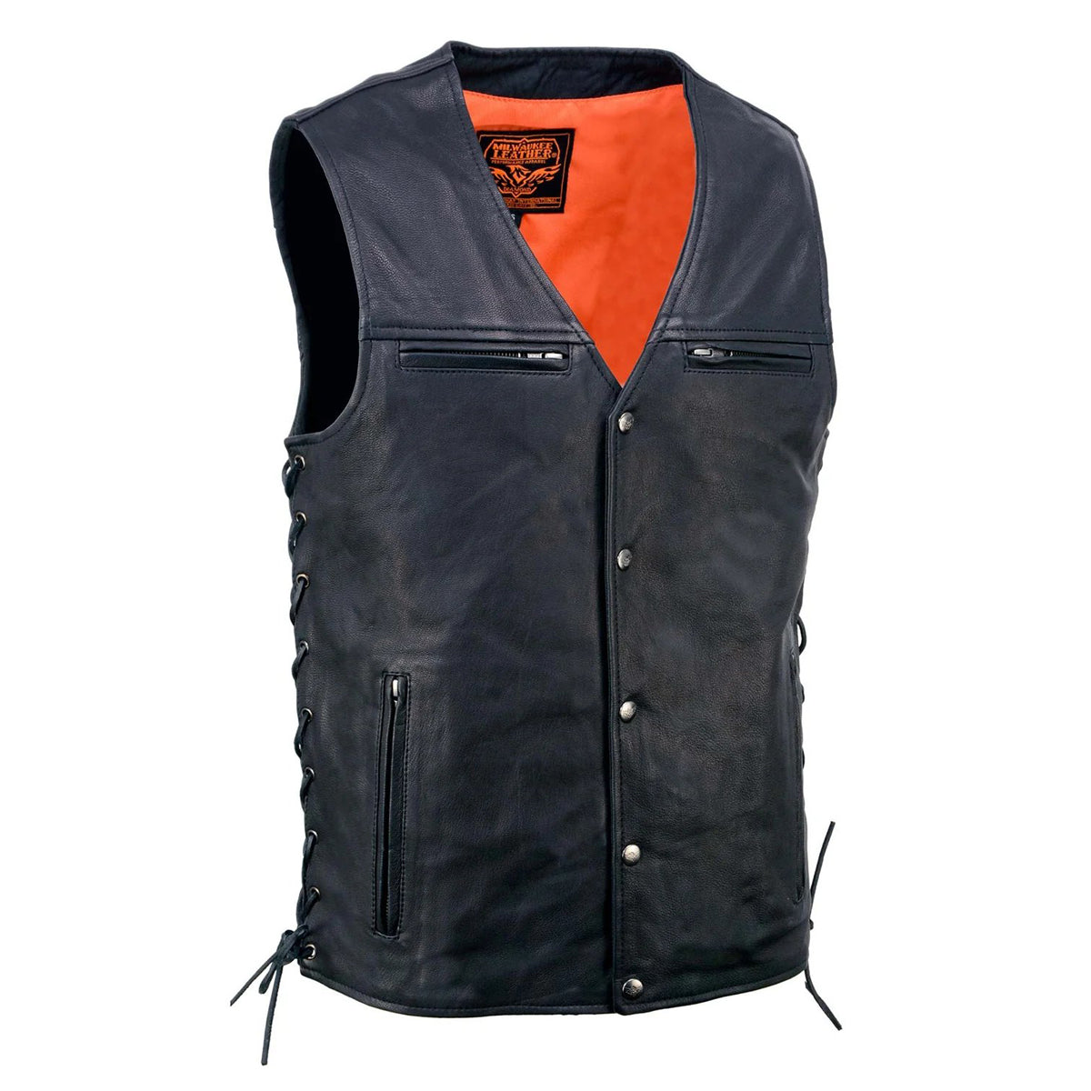 Men's Black Naked Leather Classic V-Neck Straight Bottom Side Lace Motorcycle Rider Vest