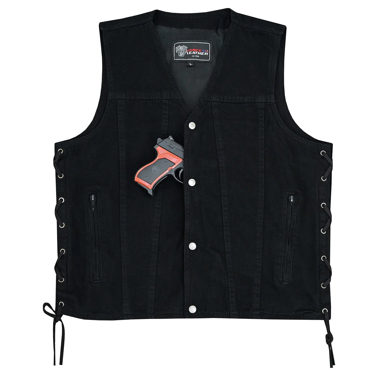 Men's Black V-Neck Denim Vest for Motorcycle Riders