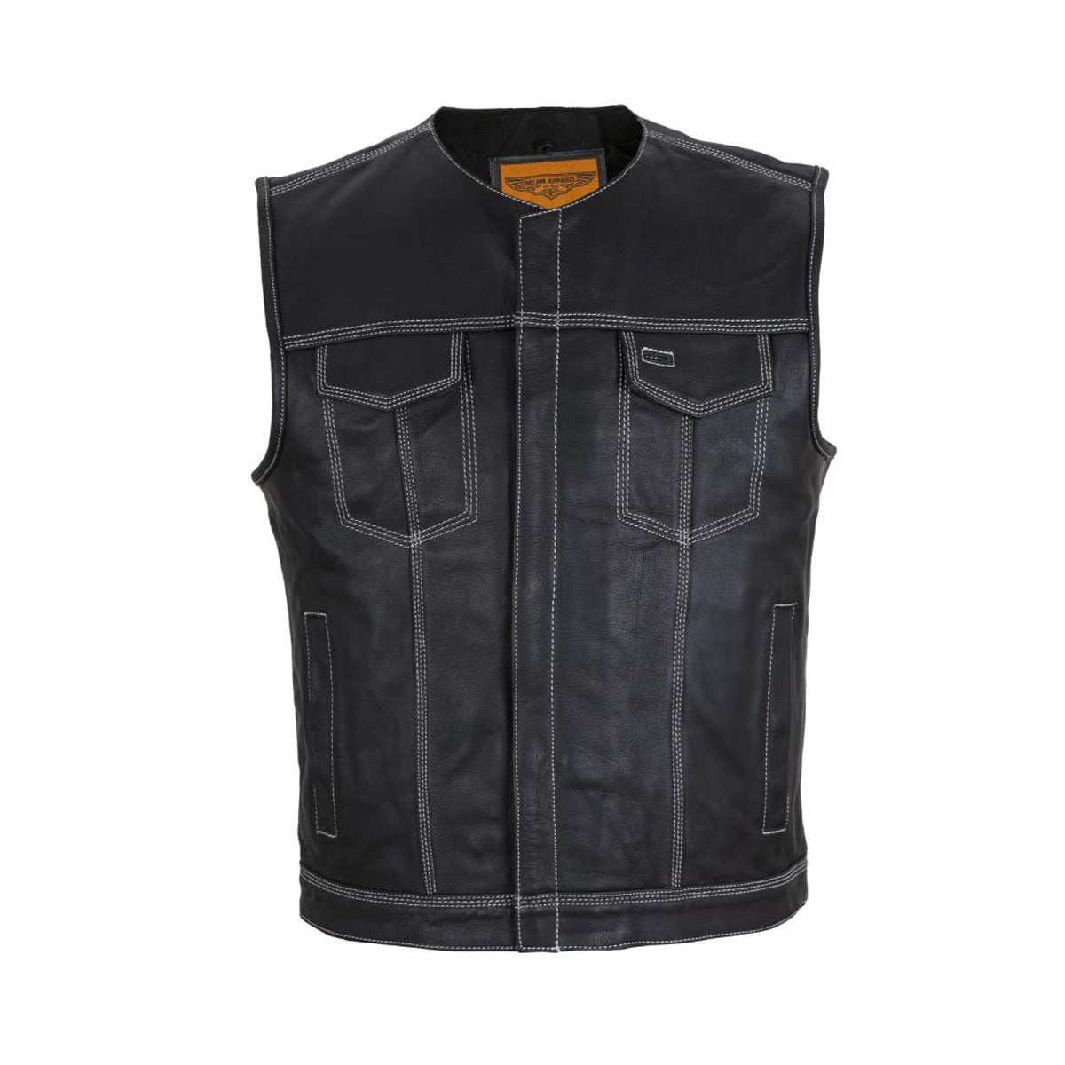 Mens Premium Naked Leather Motorcycle Club Vest Double White Thread Zipper Front No Col