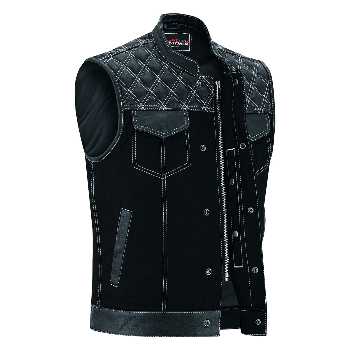 Men's Denim & Leather Motorcycle Vest with Conceal Carry Pockets, SOA Biker Club Vest White Stitching, Diamond Padding, Snap & Zipper Closure