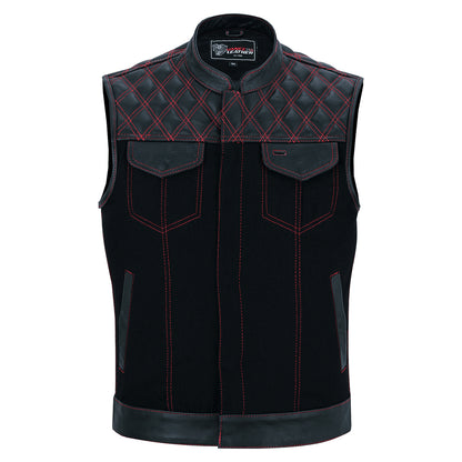 Men's Denim & Leather Motorcycle Vest with Conceal Carry Pockets, SOA Biker Club Vest Red Stitching, Diamond Padding, Snap & Zipper Closure