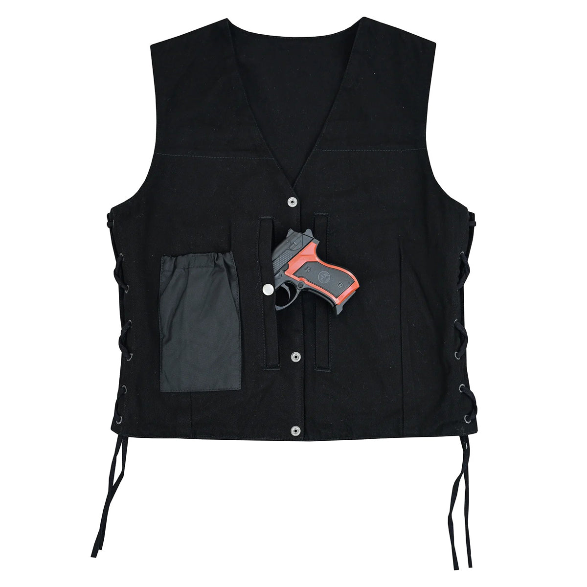 Women's Black Denim V Neck Vest with Snap opening & side laces