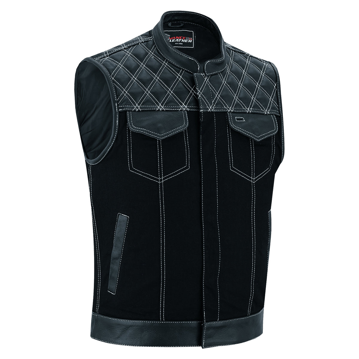 Men's Denim & Leather Motorcycle Vest with Conceal Carry Pockets, SOA Biker Club Vest White Stitching, Diamond Padding, Snap & Zipper Closure