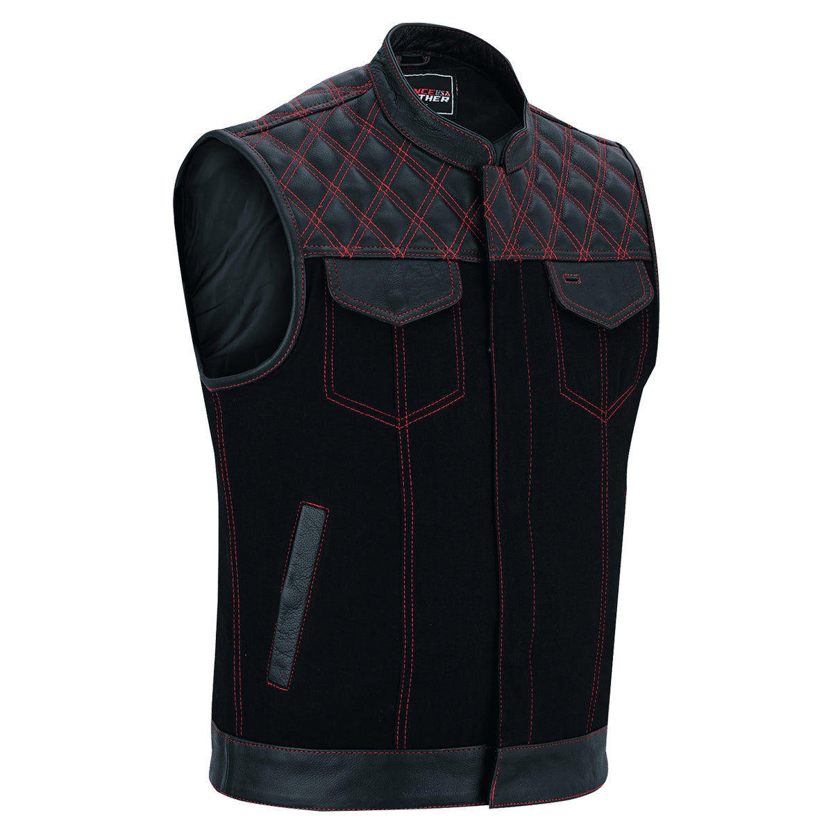 Men's Denim & Leather Motorcycle Vest with Conceal Carry Pockets, SOA Biker Club Vest Red Stitching, Diamond Padding, Snap & Zipper Closure