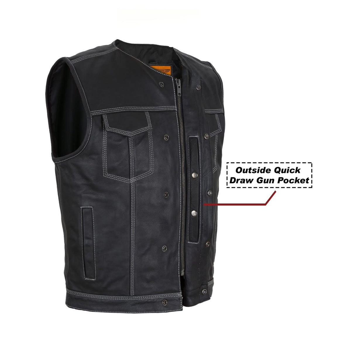 Mens Premium Naked Leather Motorcycle Club Vest Double White Thread Zipper Front No Col