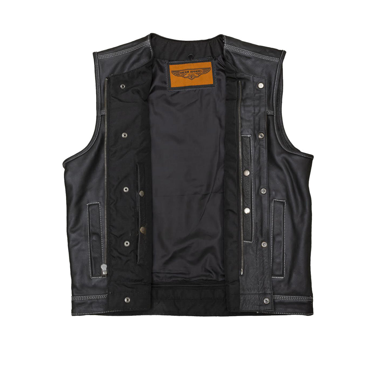 Mens Premium Naked Leather Motorcycle Club Vest Double White Thread Zipper Front No Col
