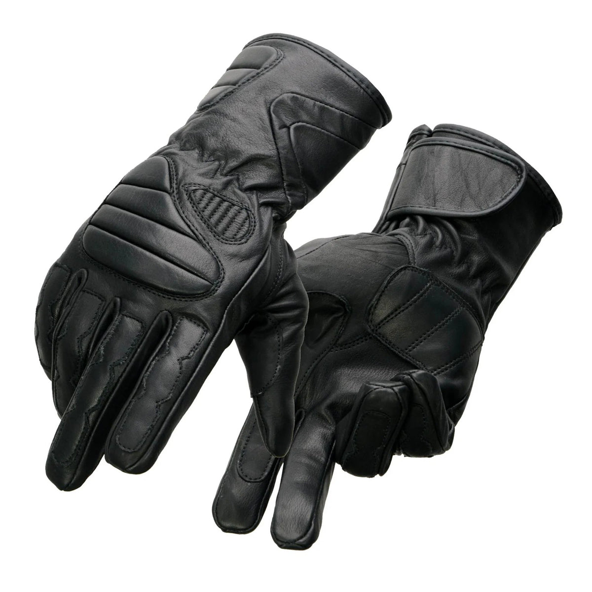 Men's Black Leather Gauntlet Racing Motorcycle Hand Gloves with Wrist and Knuckle Padding Protection