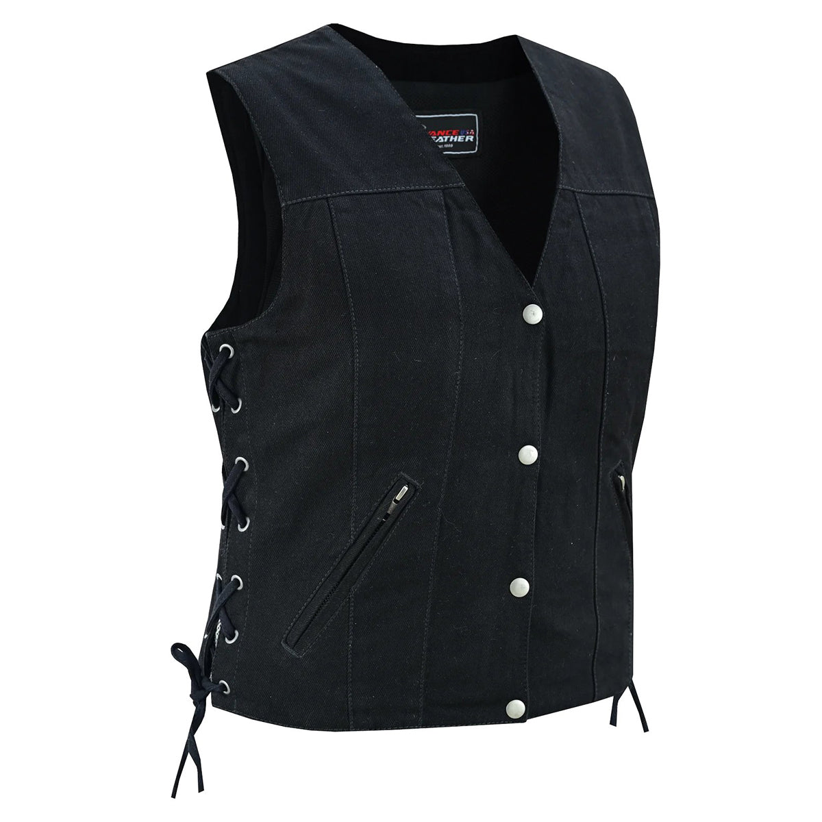 Women's Black Denim V Neck Vest with Snap opening & side laces