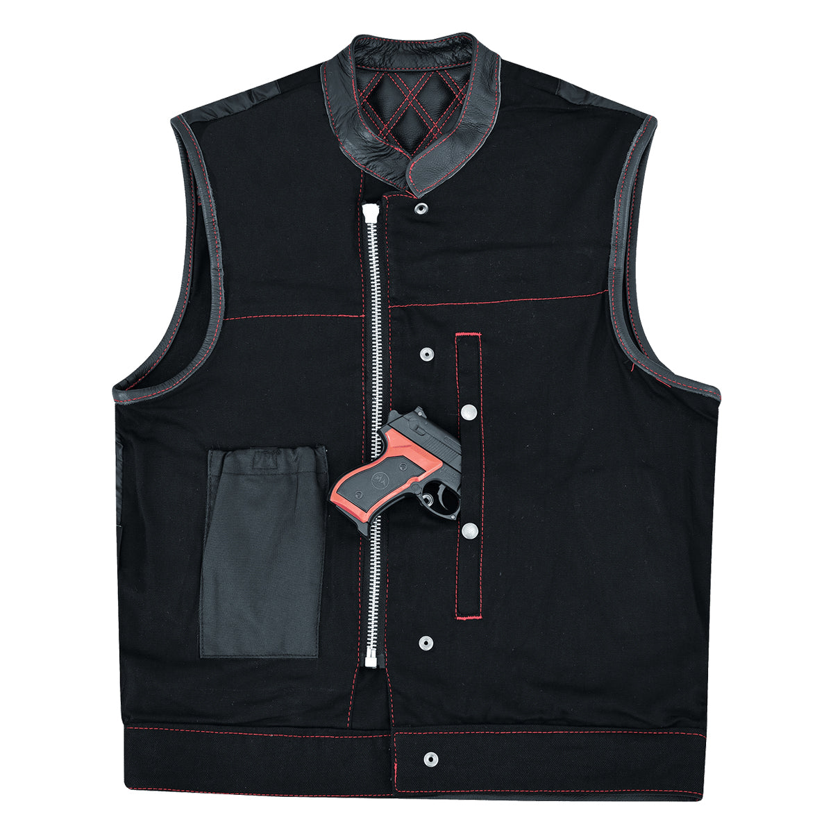 Men's Denim & Leather Motorcycle Vest with Conceal Carry Pockets, SOA Biker Club Vest Red Stitching, Diamond Padding, Snap & Zipper Closure