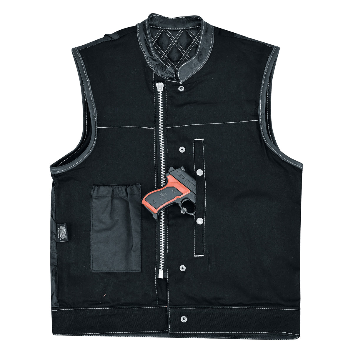 Men's Denim & Leather Motorcycle Vest with Conceal Carry Pockets, SOA Biker Club Vest White Stitching, Diamond Padding, Snap & Zipper Closure