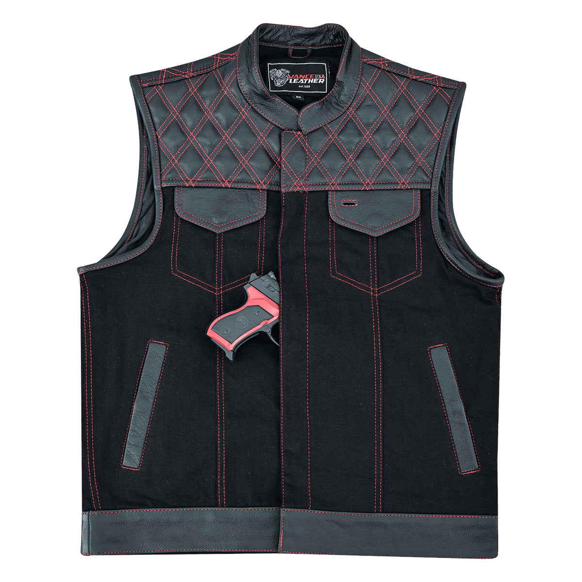 Men's Denim & Leather Motorcycle Vest with Conceal Carry Pockets, SOA Biker Club Vest Red Stitching, Diamond Padding, Snap & Zipper Closure