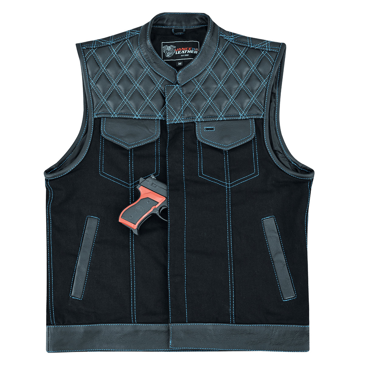 Men's Denim & Leather Motorcycle Vest with Conceal Carry Pockets, SOA Biker Club Vest Blue Stitching, Diamond Padding, Snap & Zipper Closure