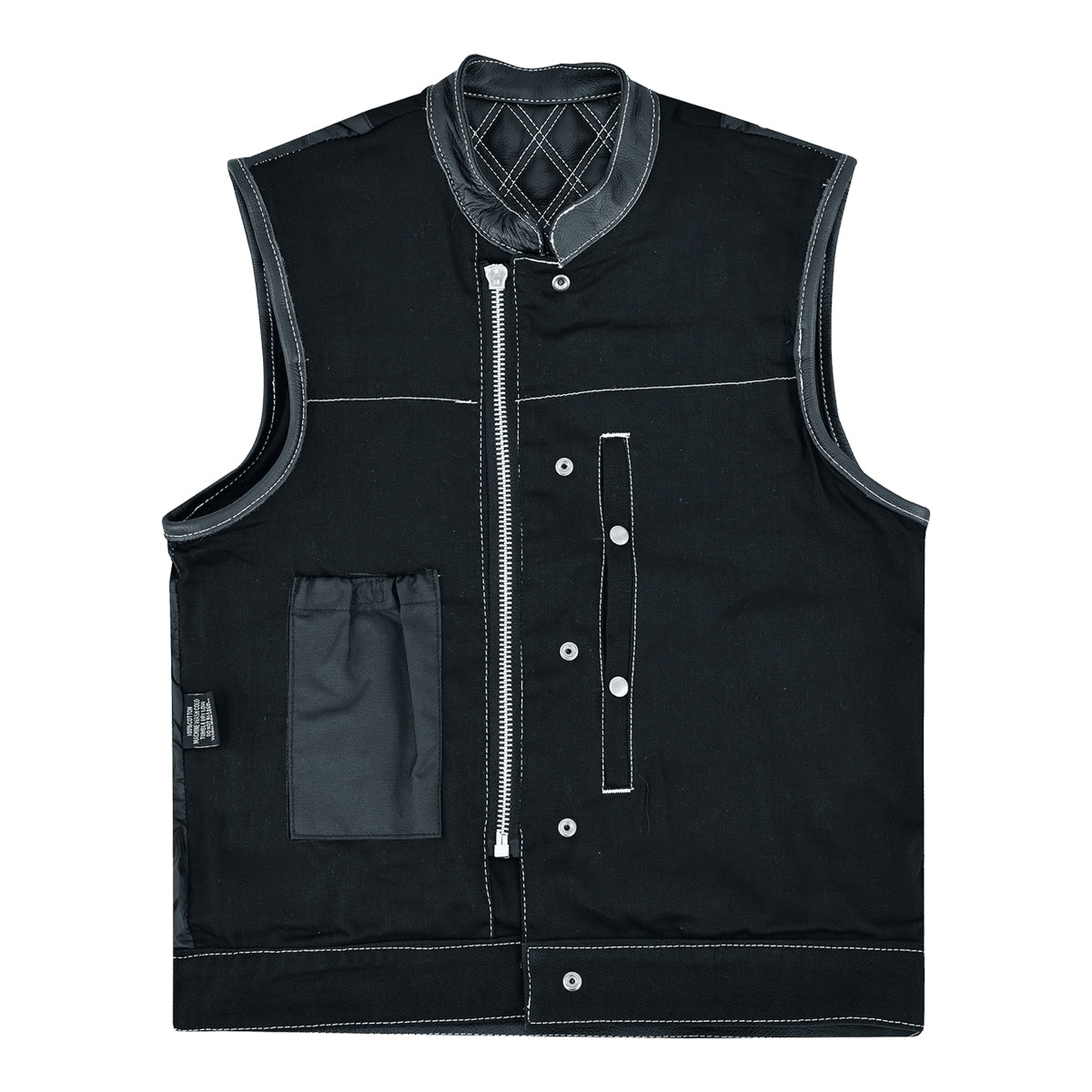 Men's Denim & Leather Motorcycle Vest with Conceal Carry Pockets, SOA Biker Club Vest White Stitching, Diamond Padding, Snap & Zipper Closure