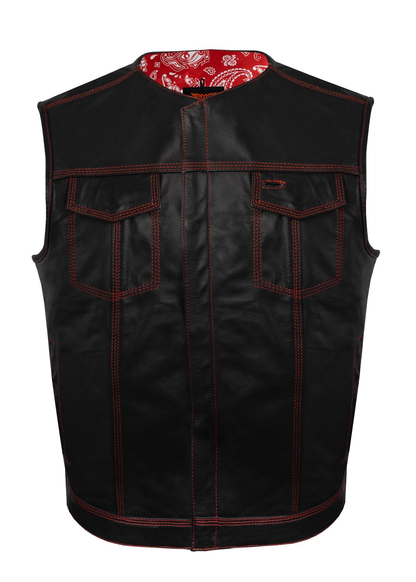 Mens SOA Vest Red Stitching Club Vest, Conceal Carry Pockets, Red Paisley Lining