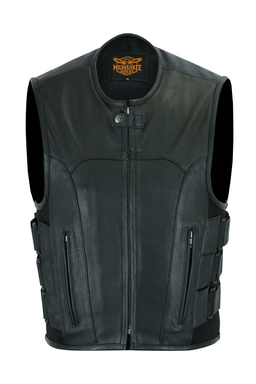 Men's Black Leather Vest with Neoprene Sides