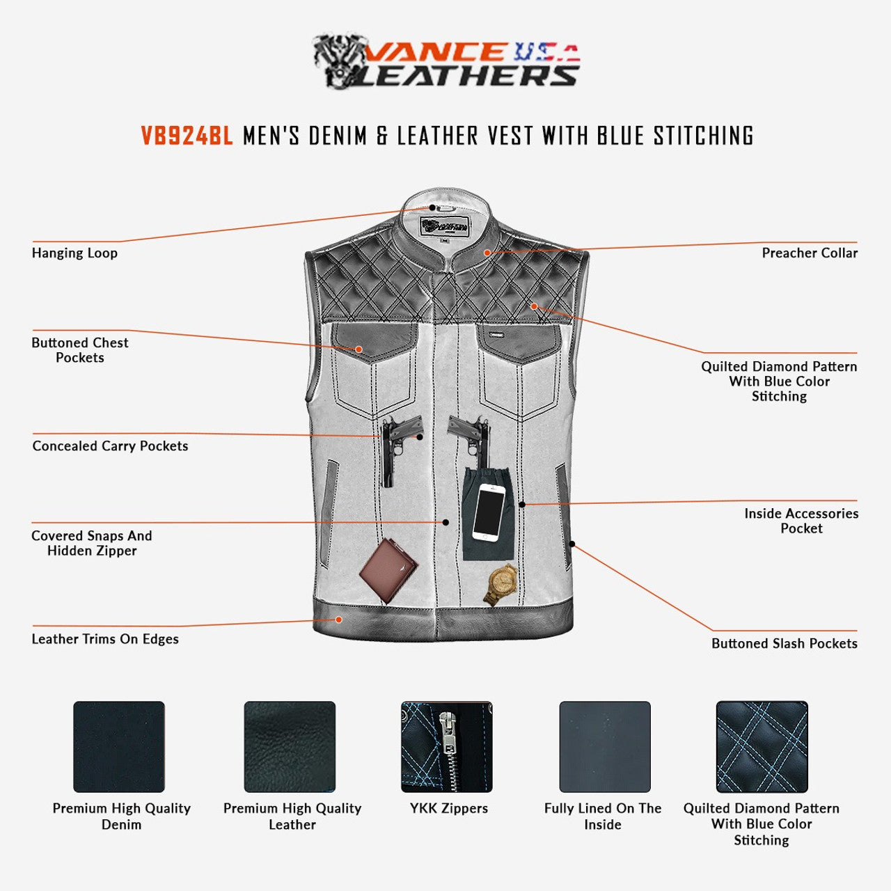 Men's Denim & Leather Motorcycle Vest with Conceal Carry Pockets, SOA Biker Club Vest Blue Stitching, Diamond Padding, Snap & Zipper Closure