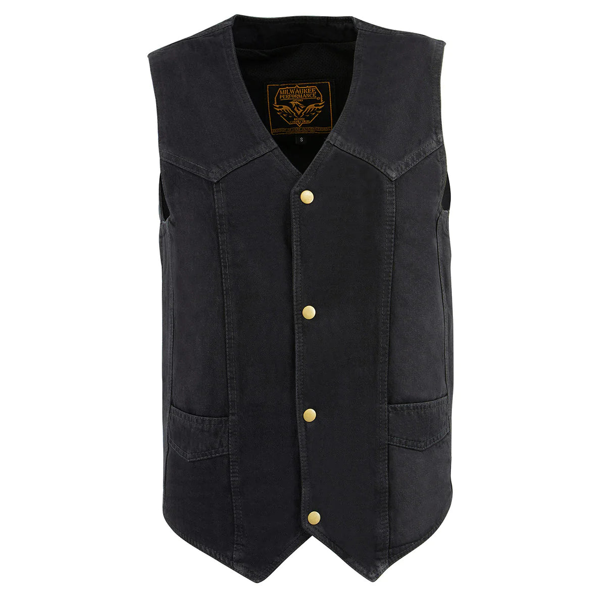 Men's Black Denim Classic Snap Front Biker Vest