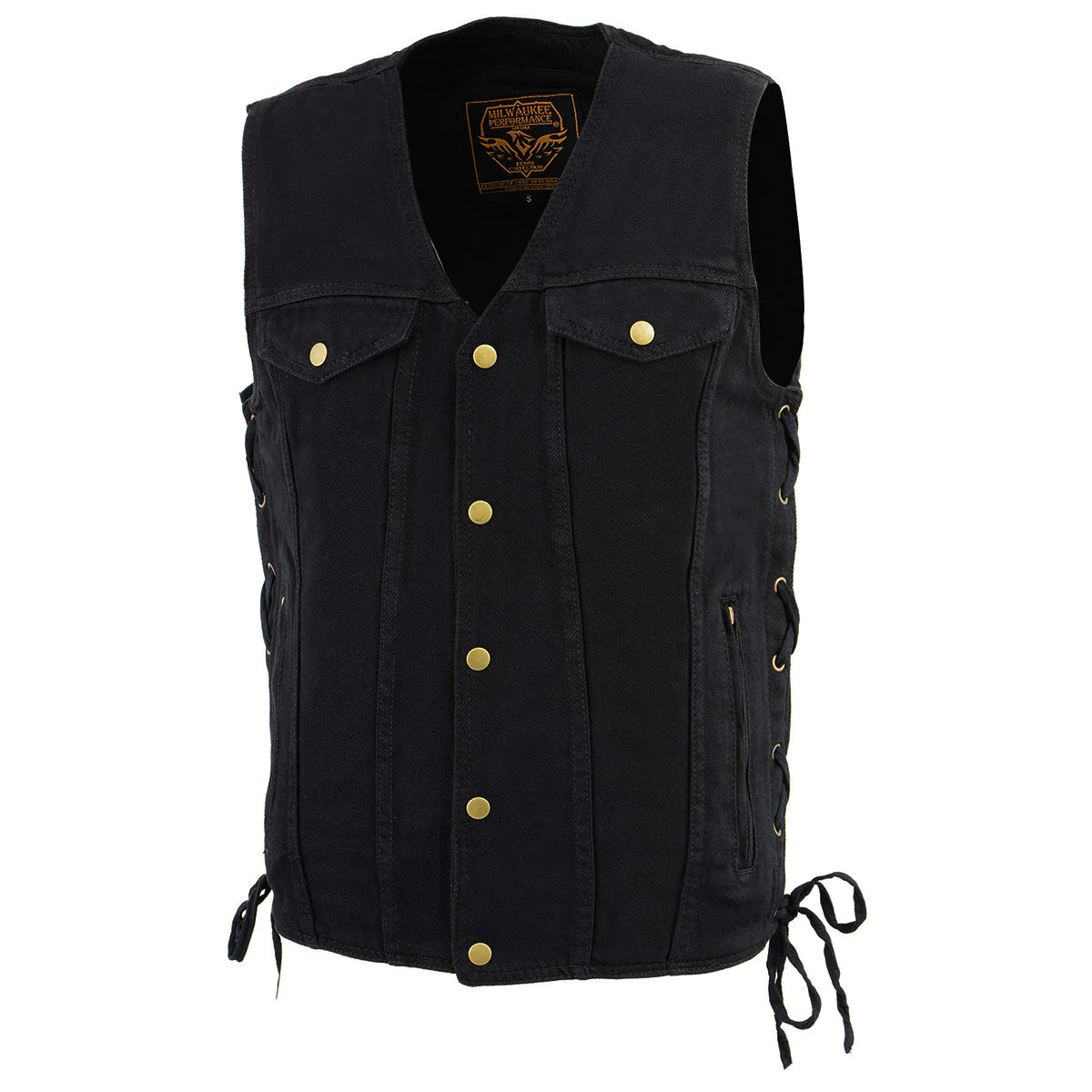 Men's Black Side Lace Denim Vest with Chest Pockets