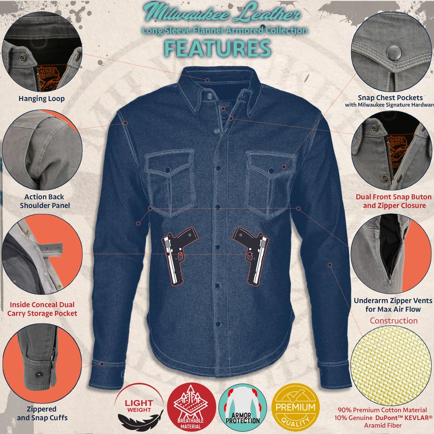 Men's Grey Flannel Biker Shirt with CE Approved Armor - Reinforced w/ Aramid Fibers