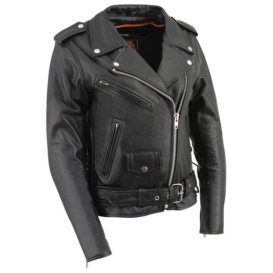 Ladies Classic Black Leather Police Style Jacket with Side Laces