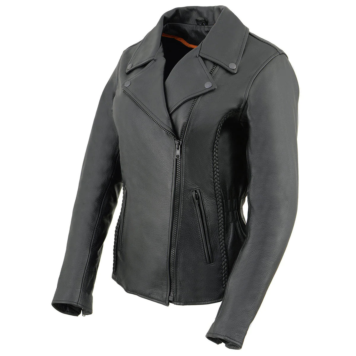 Women's Black Braided Leather Jacket with Stud Back Detailing