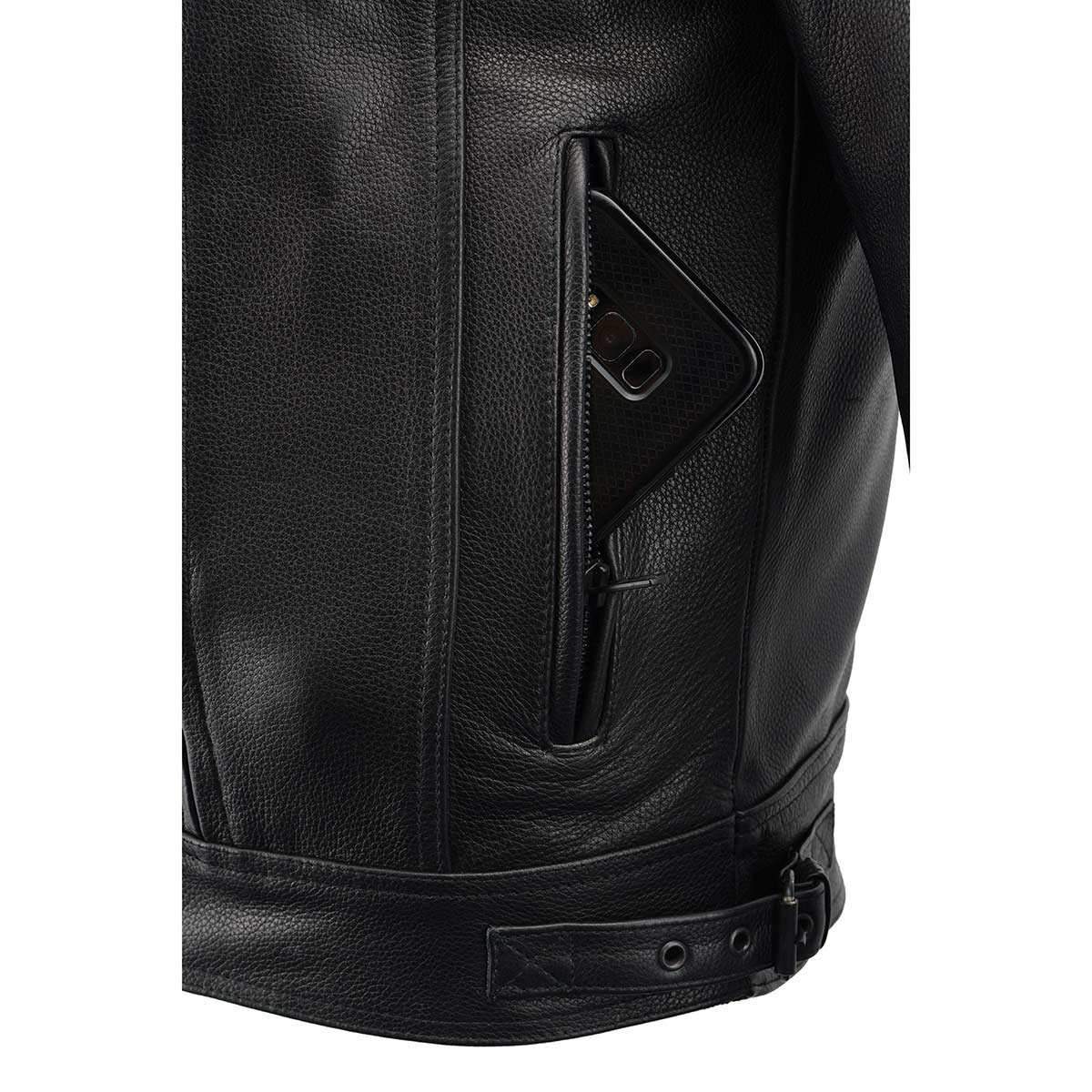 Men's Black 'Pistol Pete' Motorcycle Vented Leather Jacket with Utility Pockets-Tall Sizes