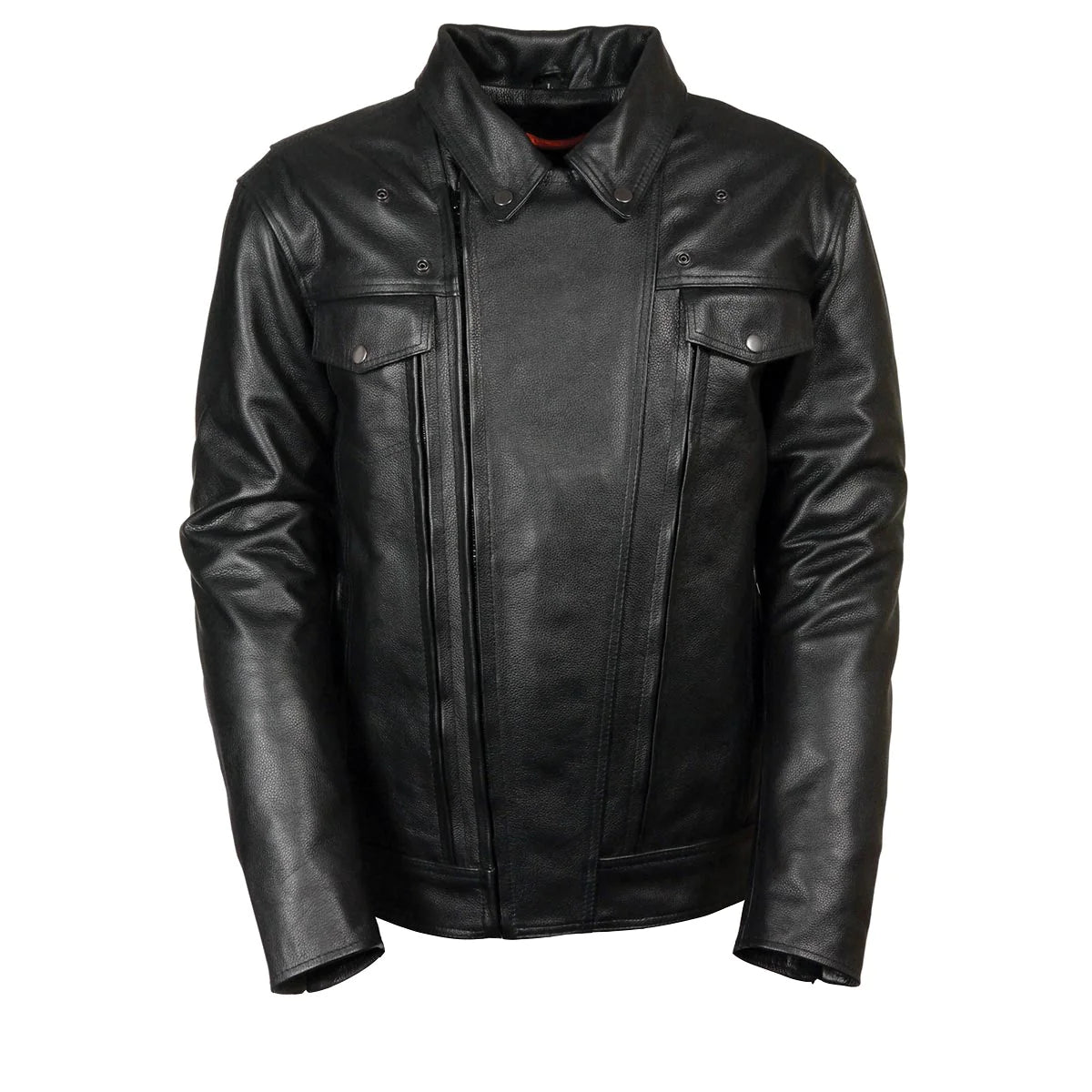 Men's Black 'Pistol Pete' Motorcycle Vented Leather Jacket with Utility Pockets-Tall Sizes