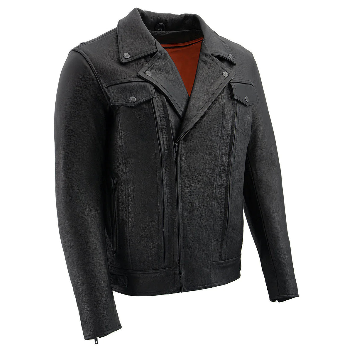 Men's Black 'Pistol Pete' Motorcycle Vented Leather Jacket with Utility Pockets-Tall Sizes