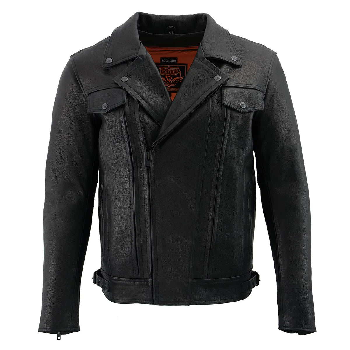 Men's Black 'Pistol Pete' Motorcycle Vented Leather Jacket with Utility Pockets-Tall Sizes