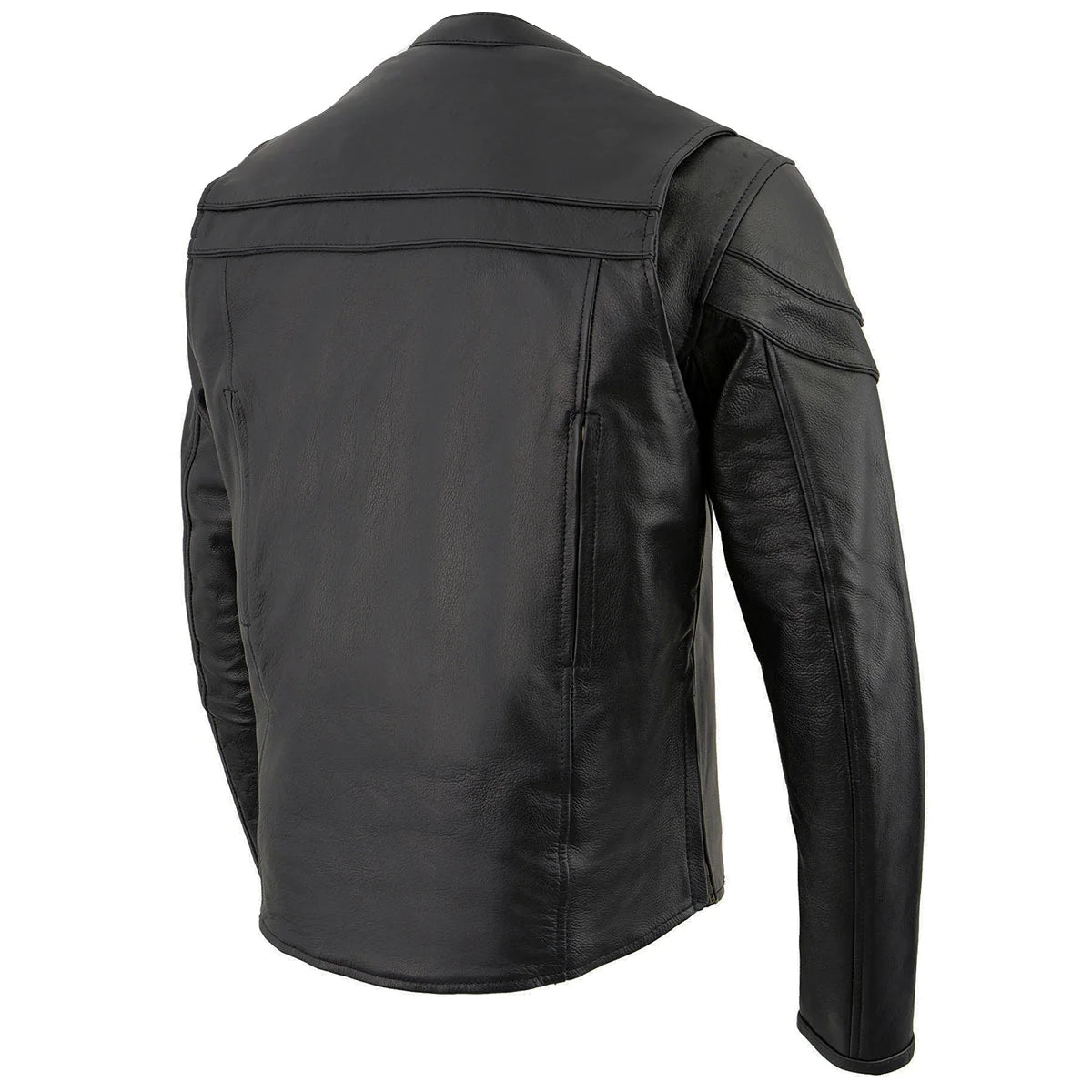 Men's Black Sporty Crossover Scooter Style Leather Motorcycle Jacket w/ Reflective Piping