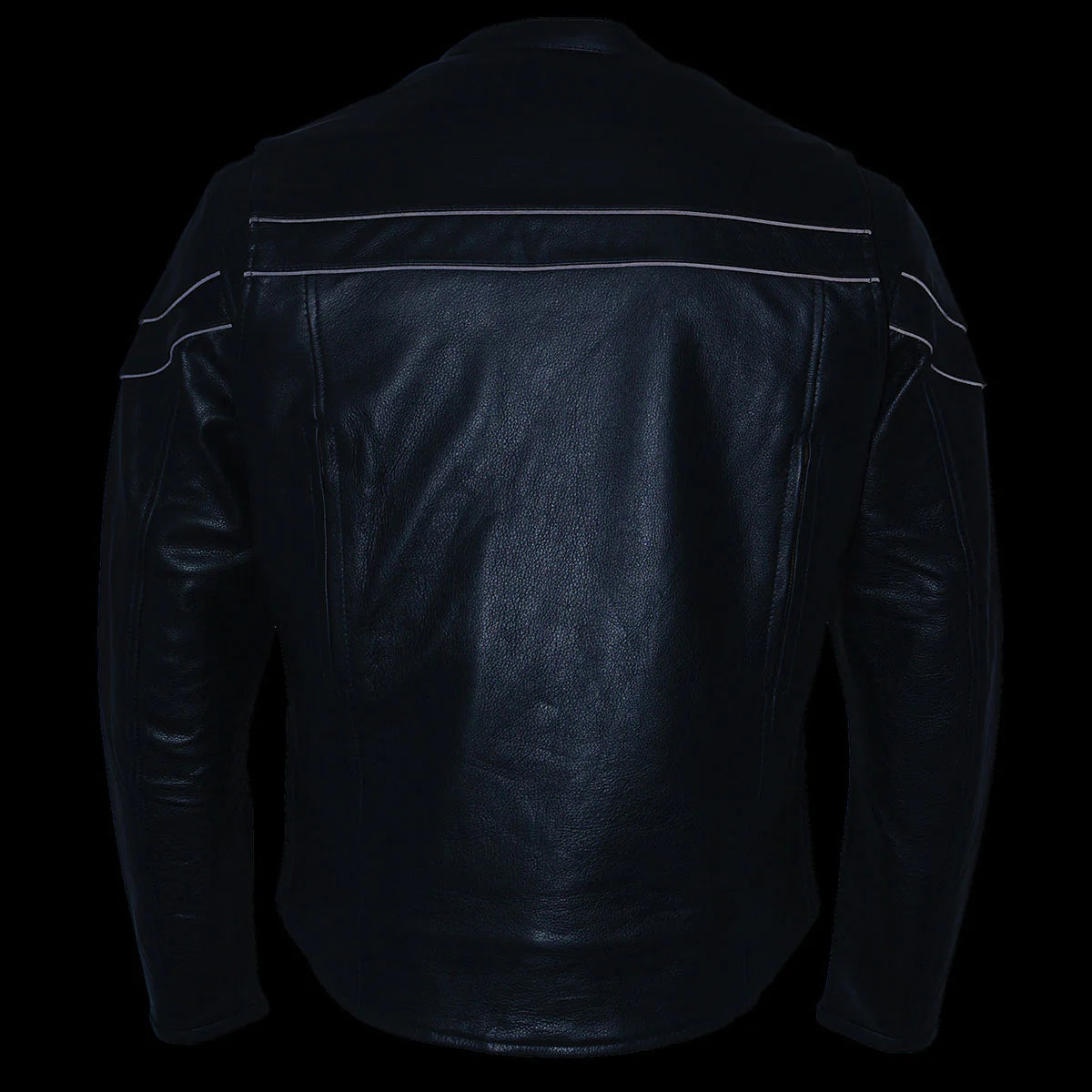 Men's Black Sporty Crossover Scooter Style Leather Motorcycle Jacket w/ Reflective Piping