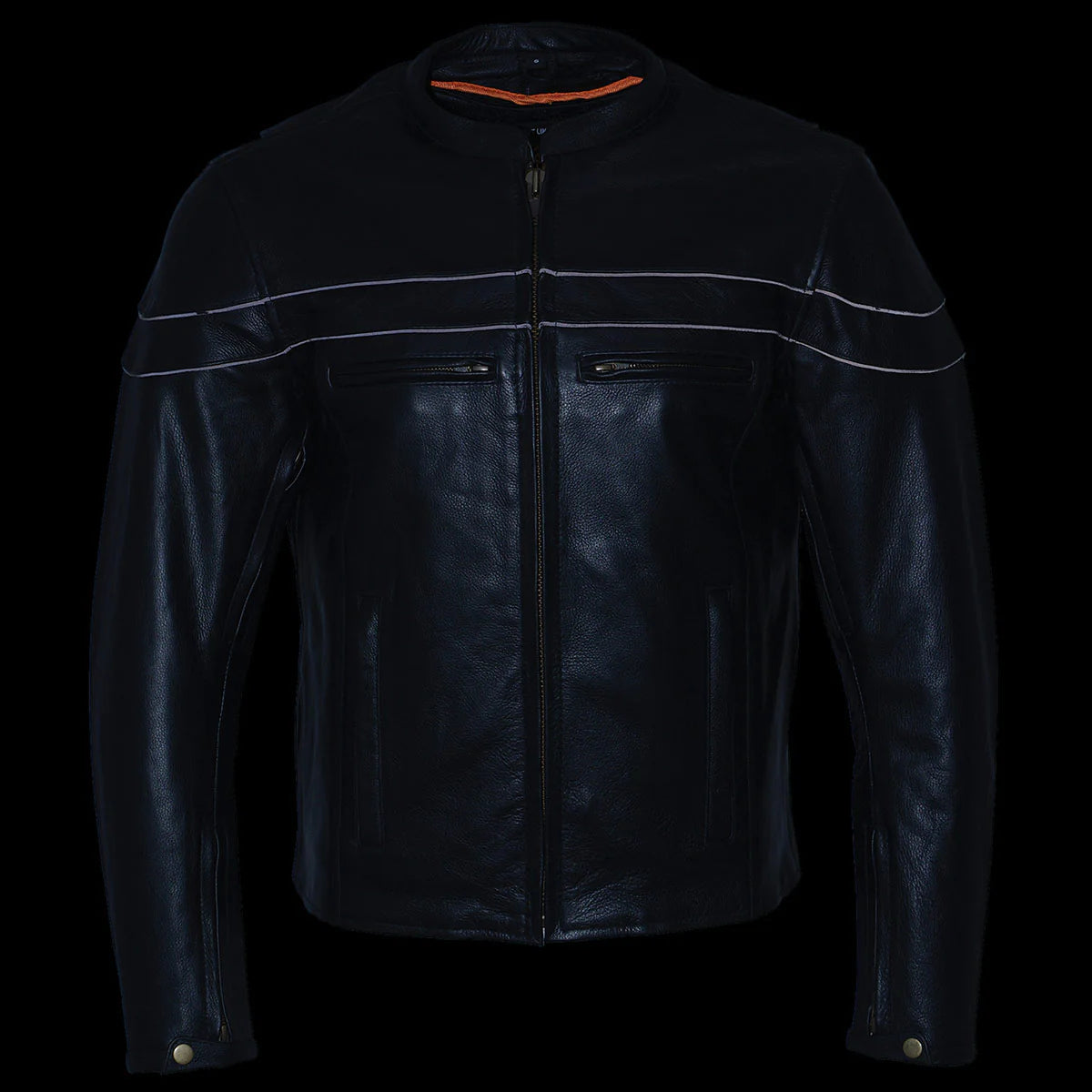 Men's Black Sporty Crossover Scooter Style Leather Motorcycle Jacket w/ Reflective Piping