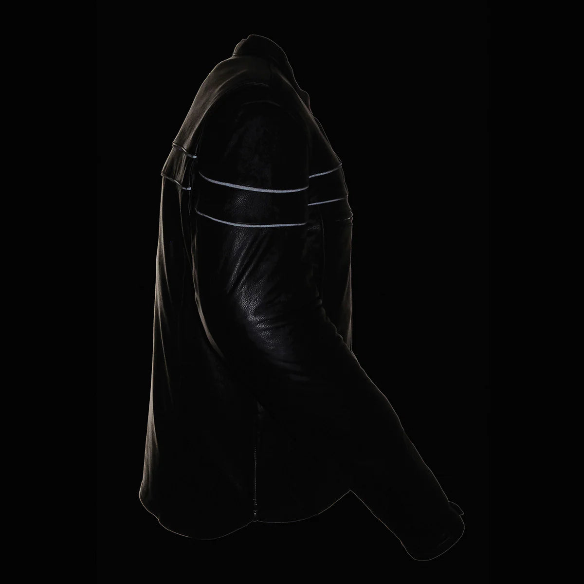 Men's Black Sporty Crossover Scooter Style Leather Motorcycle Jacket w/ Reflective Piping