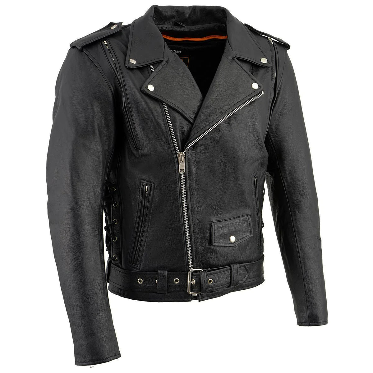 Black Leather Motorcycle Jacket for Men, Thick Brando Style Biker Jacket w/ Side Lace