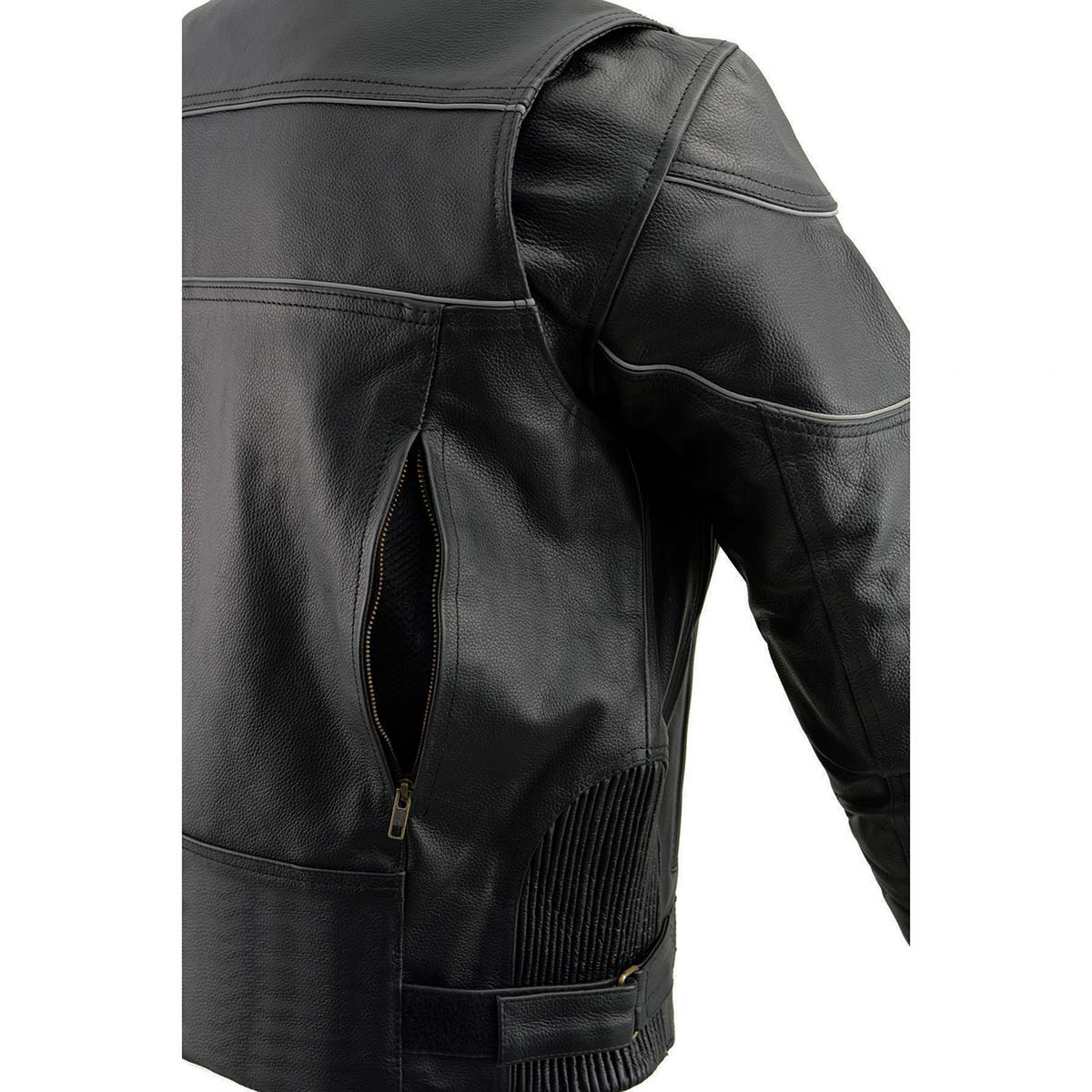 Mens Black Leather Scooter Style Motorcycle Jacket w/ Side Stretch and Reflective Piping